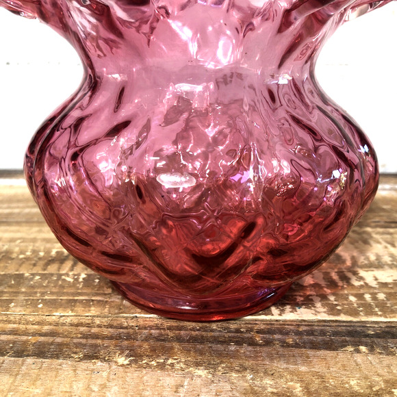 Vintage Cranberry Red Fenton Ruffled Beaded Diamond Optic Vase 5" Tall - Picture 3 of 4